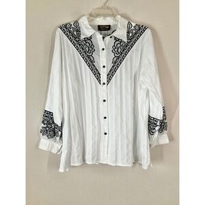 BOB MACKIE Button Up Blouse 2X Vintage Wearable Art Embroidered Cotton White